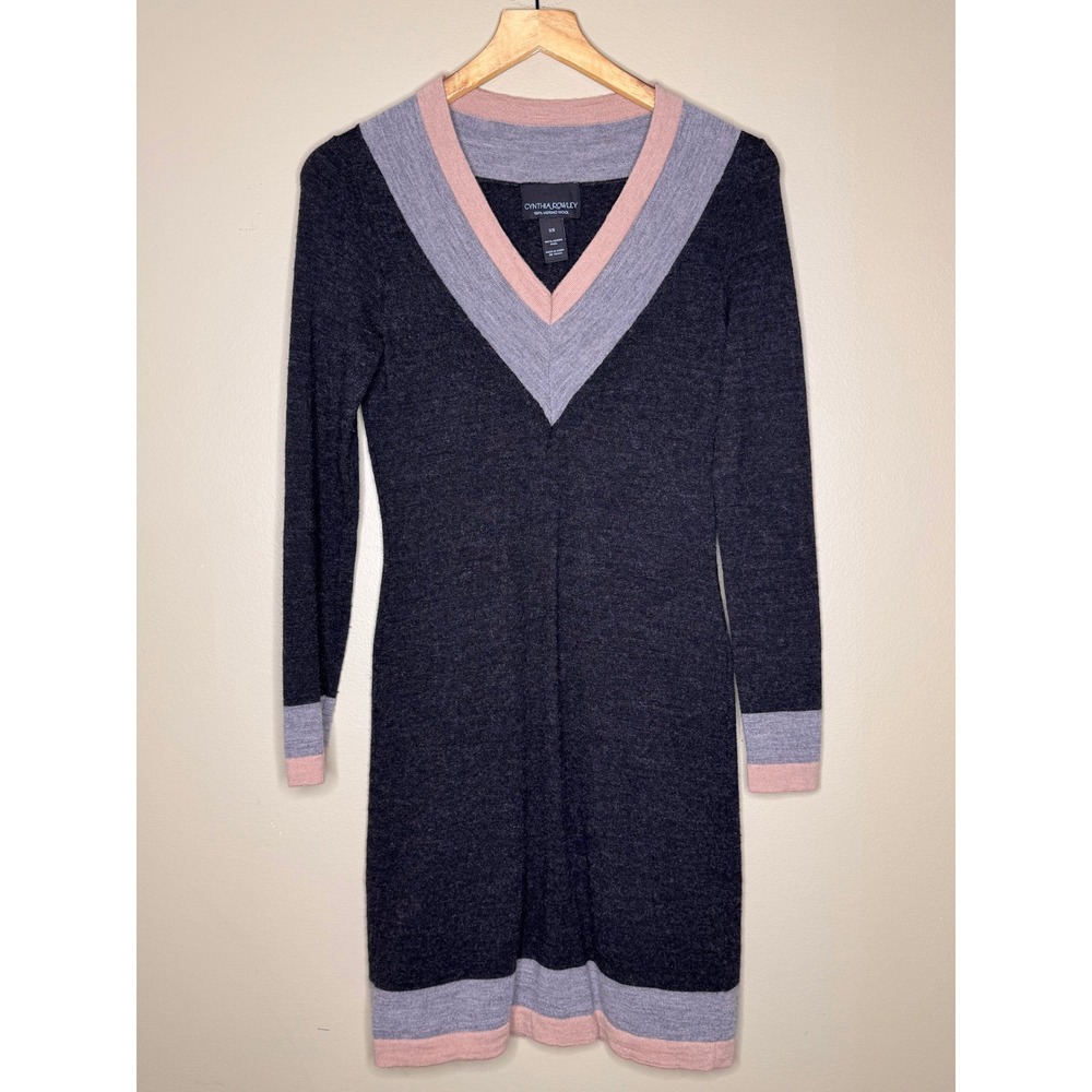 Cynthia Rowley 100% Merino Wool Colorblock V-Neck Sweater Dress Grey Pink XS